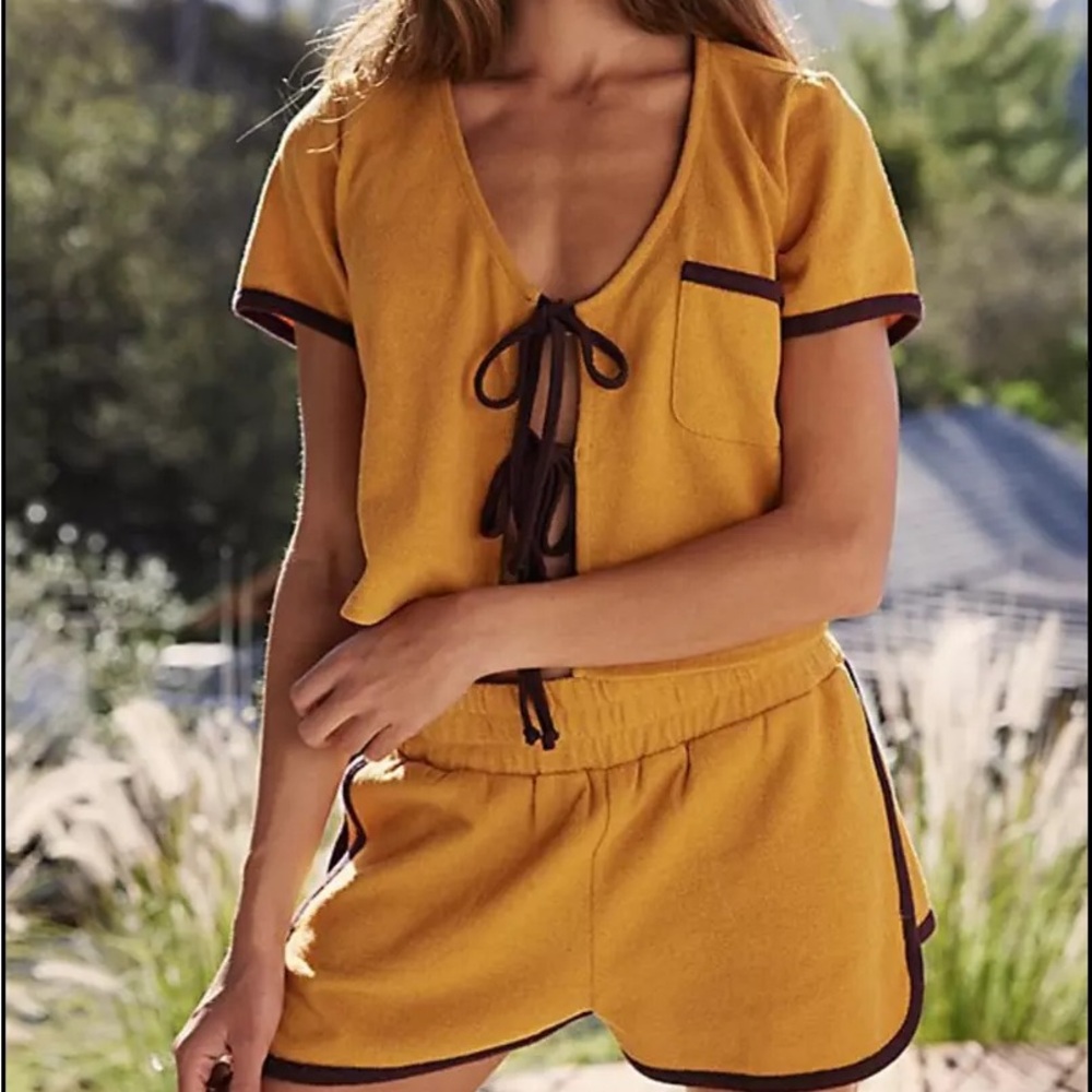 Free People Mustard Yellow with Brown Trim Top & Shorts Set
